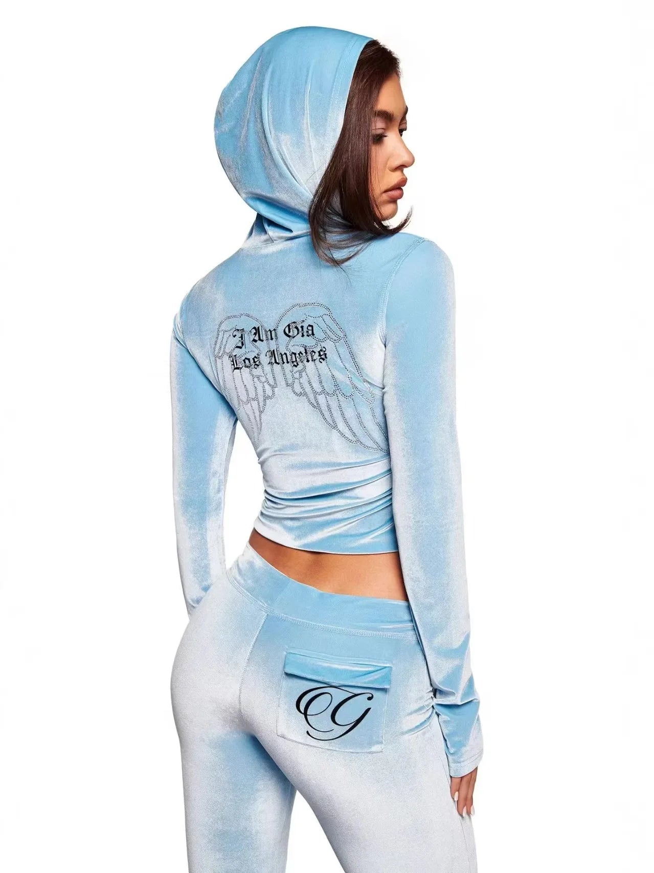Nouvel ensemble minimaliste confortable GIA : veste à capuche zippée en velours et pantalon ample coupe slim en bleu
