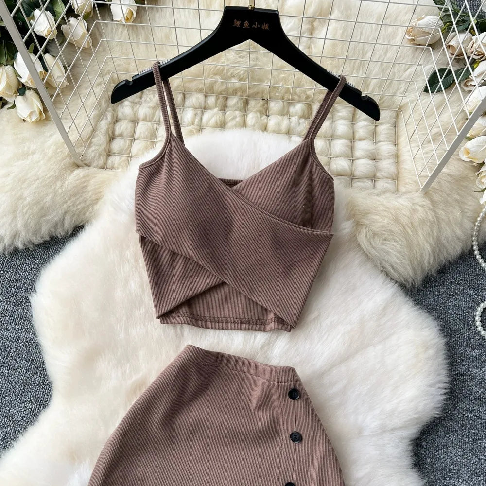 Ensemble 2 Pièces Été — Haut Court Col V + Jupe Longue Fendue Taille Haute Élastique Couleur Unie | Foamlina