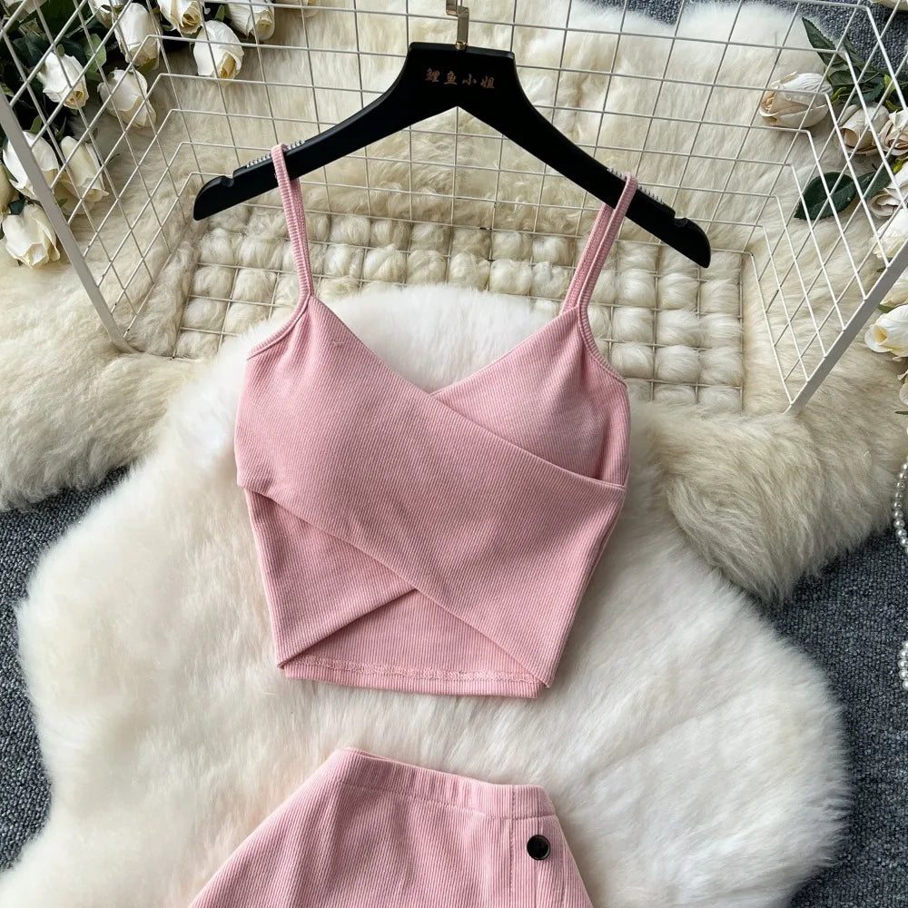 Ensemble 2 Pièces Été — Haut Court Col V + Jupe Longue Fendue Taille Haute Élastique Couleur Unie | Foamlina
