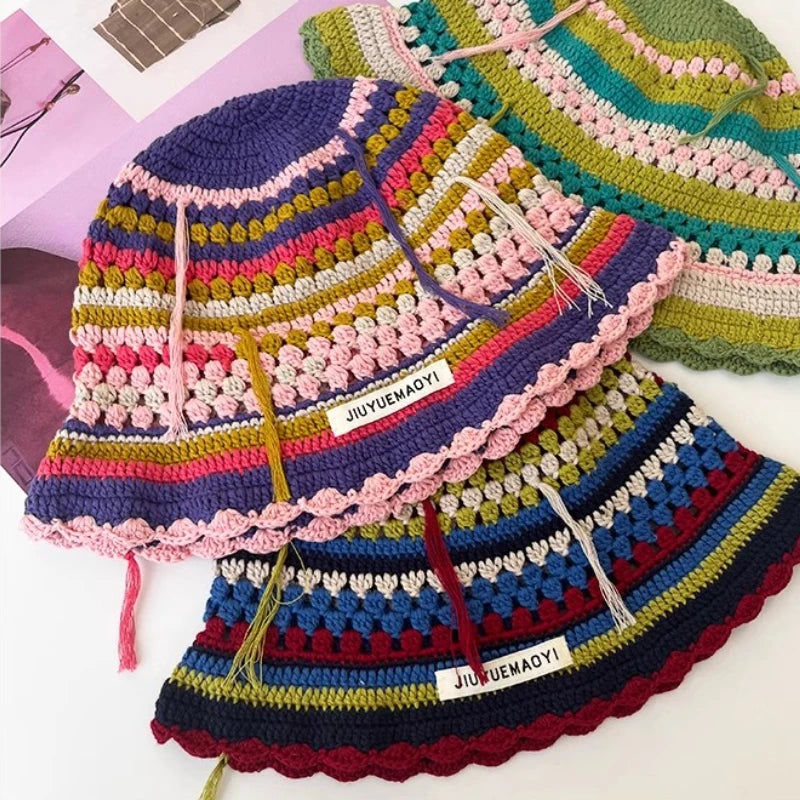 Chapeau Seau Coréen Crocheté à la Main – Bob Fleurs Y2K | Femme Automne Hiver 2025
