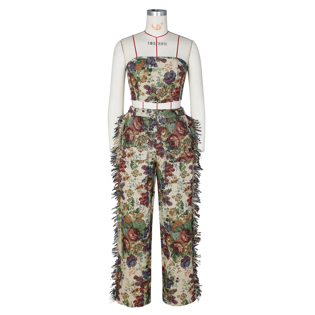 Ensemble 2 Pièces Streetwear — Haut Sexy + Pantalon Cargo Imprimé Floral Taille Élastique Soirée | Printemps 2025