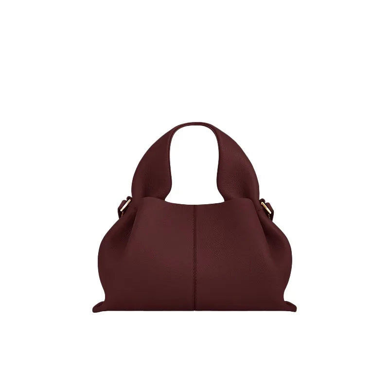 Sac Seau Plissé en Cuir Véritable — Bandoulière Luxe Couleur Unie
