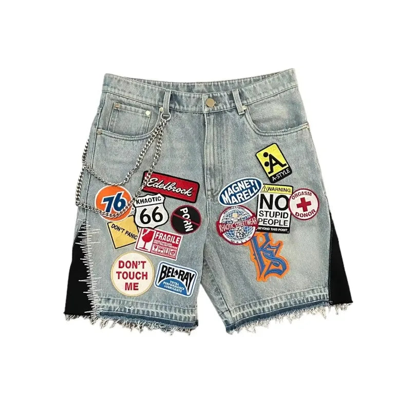 Short en Jean Rétro Y2K – Broderie Dessin Animé Baggy Hip-Hop | Harajuku Streetwear Homme