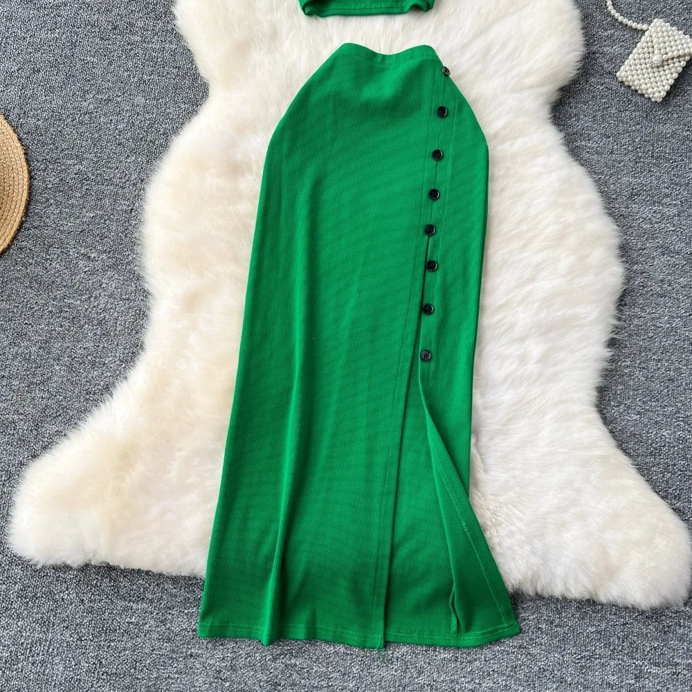 Ensemble 2 Pièces Été — Haut Court Col V + Jupe Longue Fendue Taille Haute Élastique Couleur Unie | Foamlina