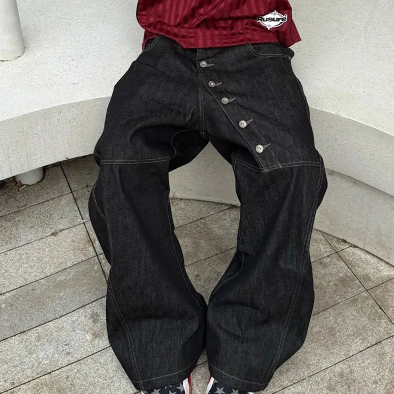 Pantalon Large Noir Y2K Boucle Style Coréen Hip Hop — Coupe Droite Décontractée Automne Homme