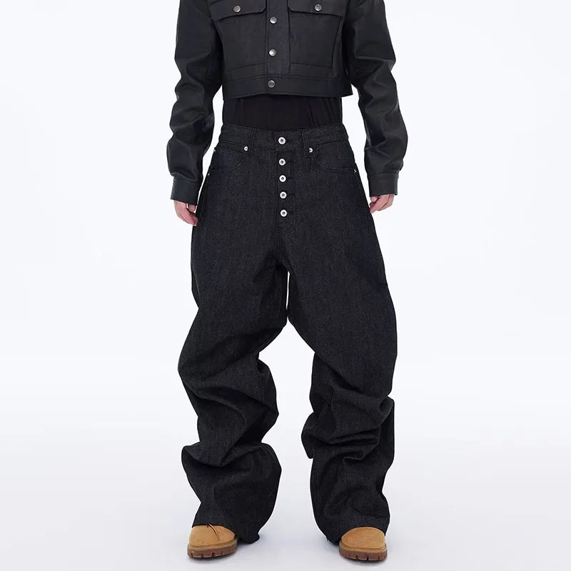 Jean Noir Ample Jambe Large Rétro Boucle — Style Urbain High Street Homme Grandes Tailles