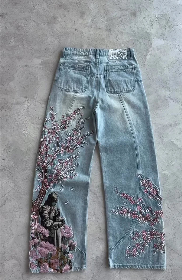 Jean Baggy Droit Y2K Broderie Fleur de Cerisier Chevalier — Denim Vintage Streetwear BiggOrange