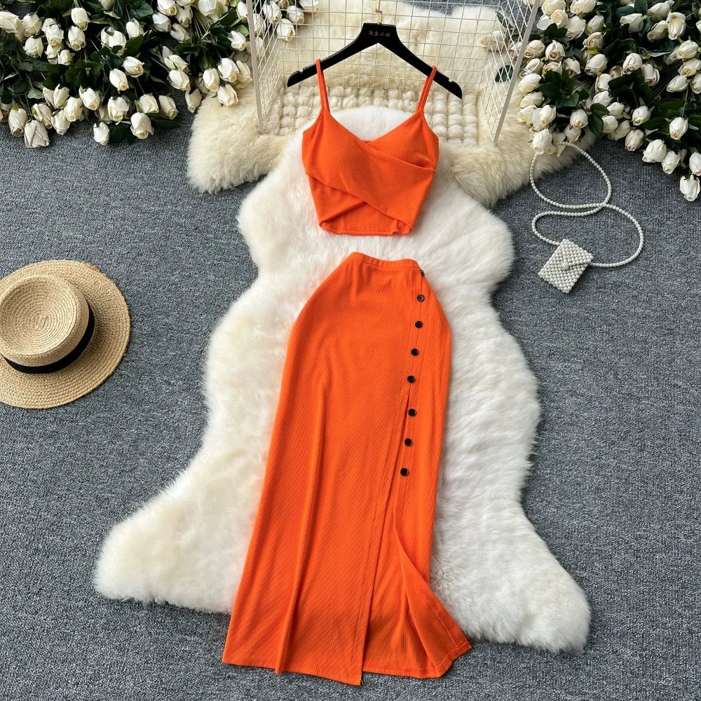 Ensemble 2 Pièces Été — Haut Court Col V + Jupe Longue Fendue Taille Haute Élastique Couleur Unie | Foamlina