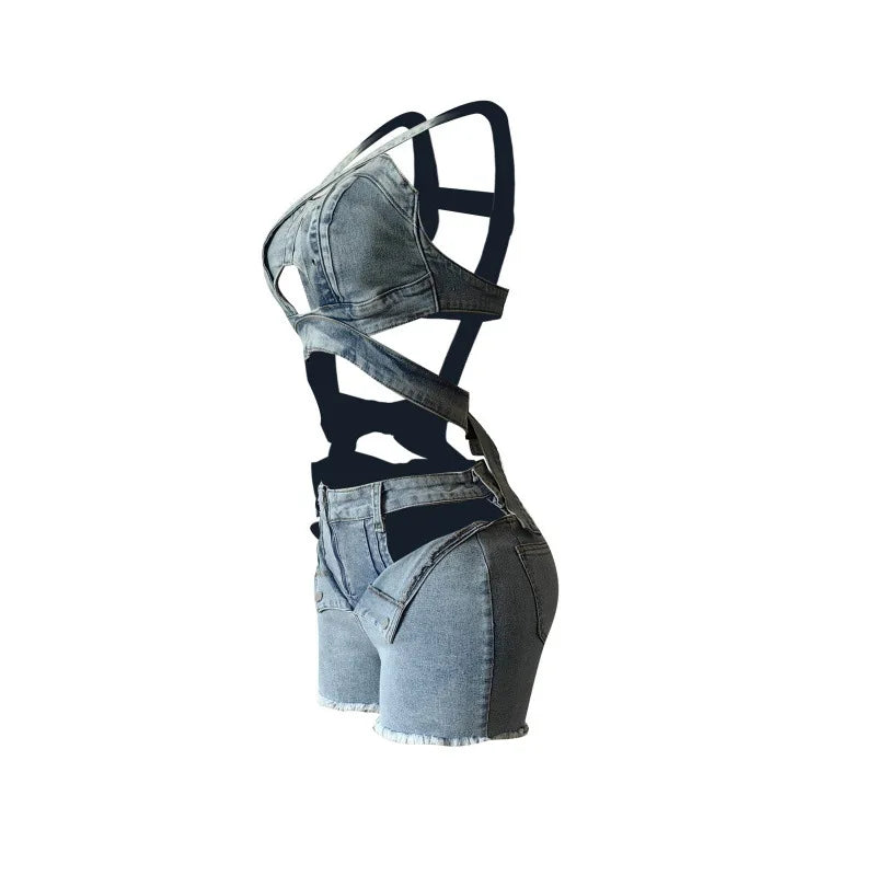 Ensemble 2 Pièces Denim — Crop Top Licou Sans Manches + Short Jean Déchiré Sexy Vacances | CM.YAYA Été 2025