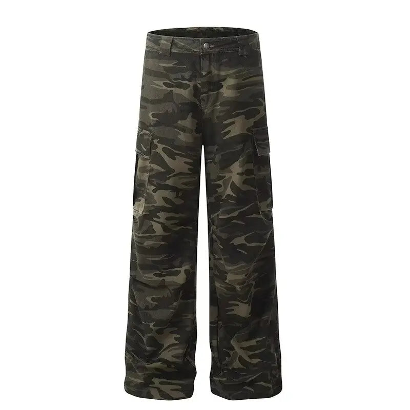 Pantalon Cargo Camouflage Délavé Rétro Américain — Jambe Large Multi-Poches Parachutiste Hip Hop