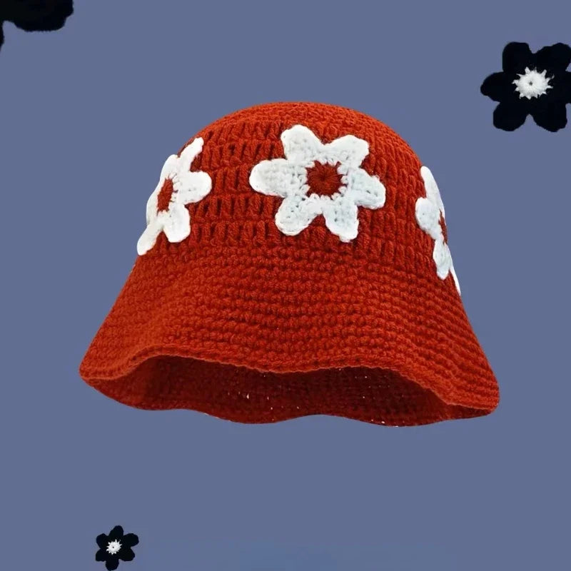 Chapeau Seau Coréen Crocheté à la Main – Bob Fleurs Y2K | Femme Automne Hiver 2025