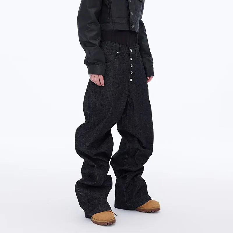 Jean Noir Ample Jambe Large Rétro Boucle — Style Urbain High Street Homme Grandes Tailles