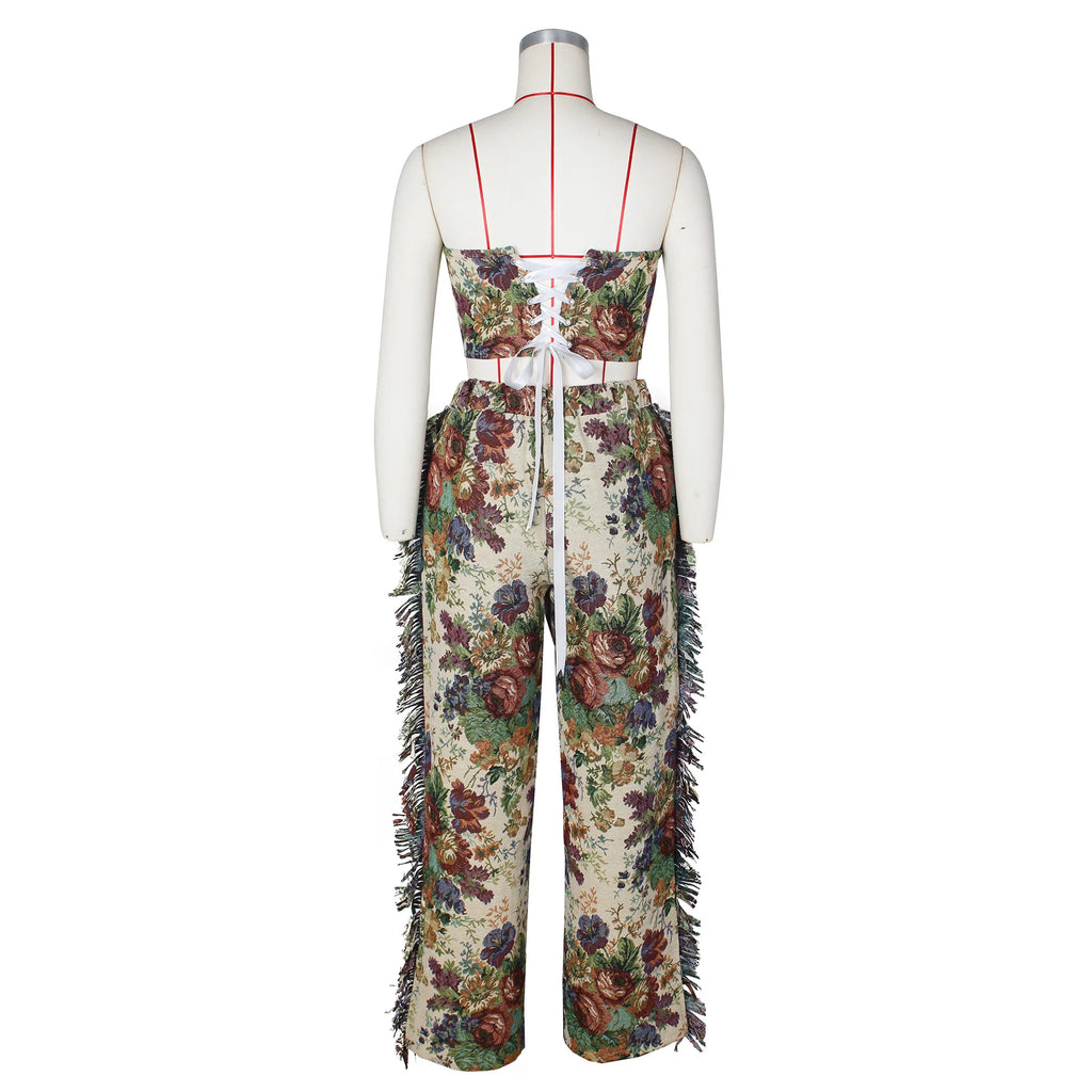 Ensemble 2 Pièces Streetwear — Haut Sexy + Pantalon Cargo Imprimé Floral Taille Élastique Soirée | Printemps 2025