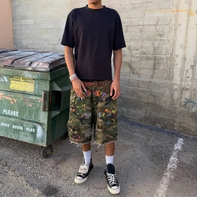 Short Cargo Y2K Camouflage — Éclaboussures de Peinture, Baggy, Hip Hop Unisexe | BiggOrange
