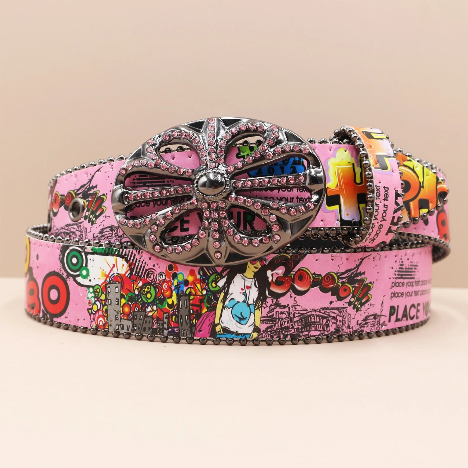 Ceinture PU Unisexe — Imprimé Graffiti Punk Bohème Y2K Hip Hop Western Cowboy Cowgirl Boucle Personnalisée