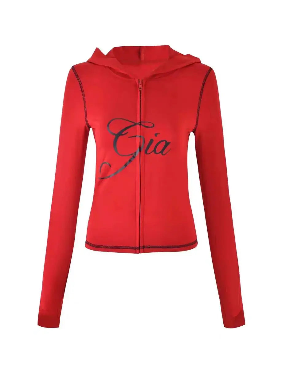 Ensemble veste courte à capuche zippée et pantalon, coupe slim, imprimé lettres, design à fils apparents, GIA