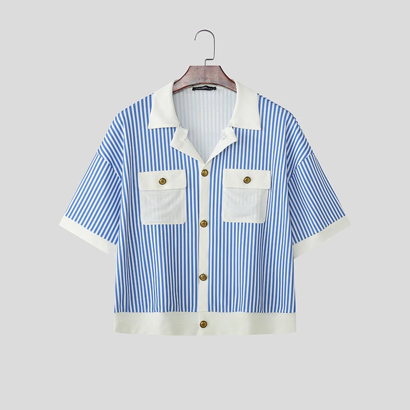Chemise Rayée Patchwork Coutures Colorées INCERUN — Manches Courtes Ajustée Été 3 Coloris