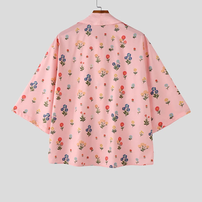 Chemise Florale Patchwork Manches 3/4 — Col V à Nouer, Streetwear Ample | INCERUN 2026