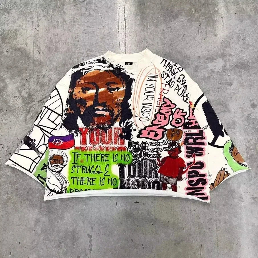 T-shirt Manches Longues Col Rond Unisexe — Style Harajuku Hip Hop Broderie Lettre Patchwork Rayures Graphiques Y2K | ANHUHU