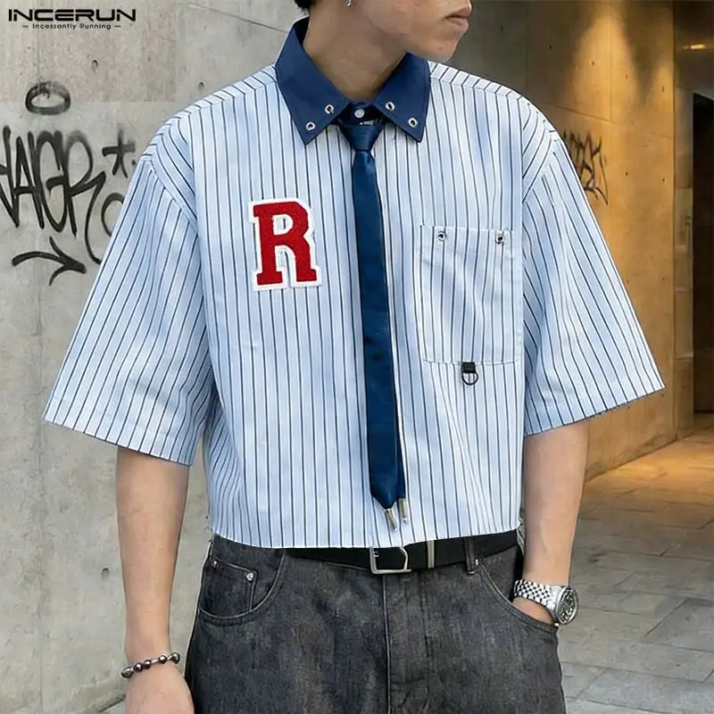 Chemise Rayée Patchwork Color-Block INCERUN — Manches Courtes Ample Streetwear 3 Coloris