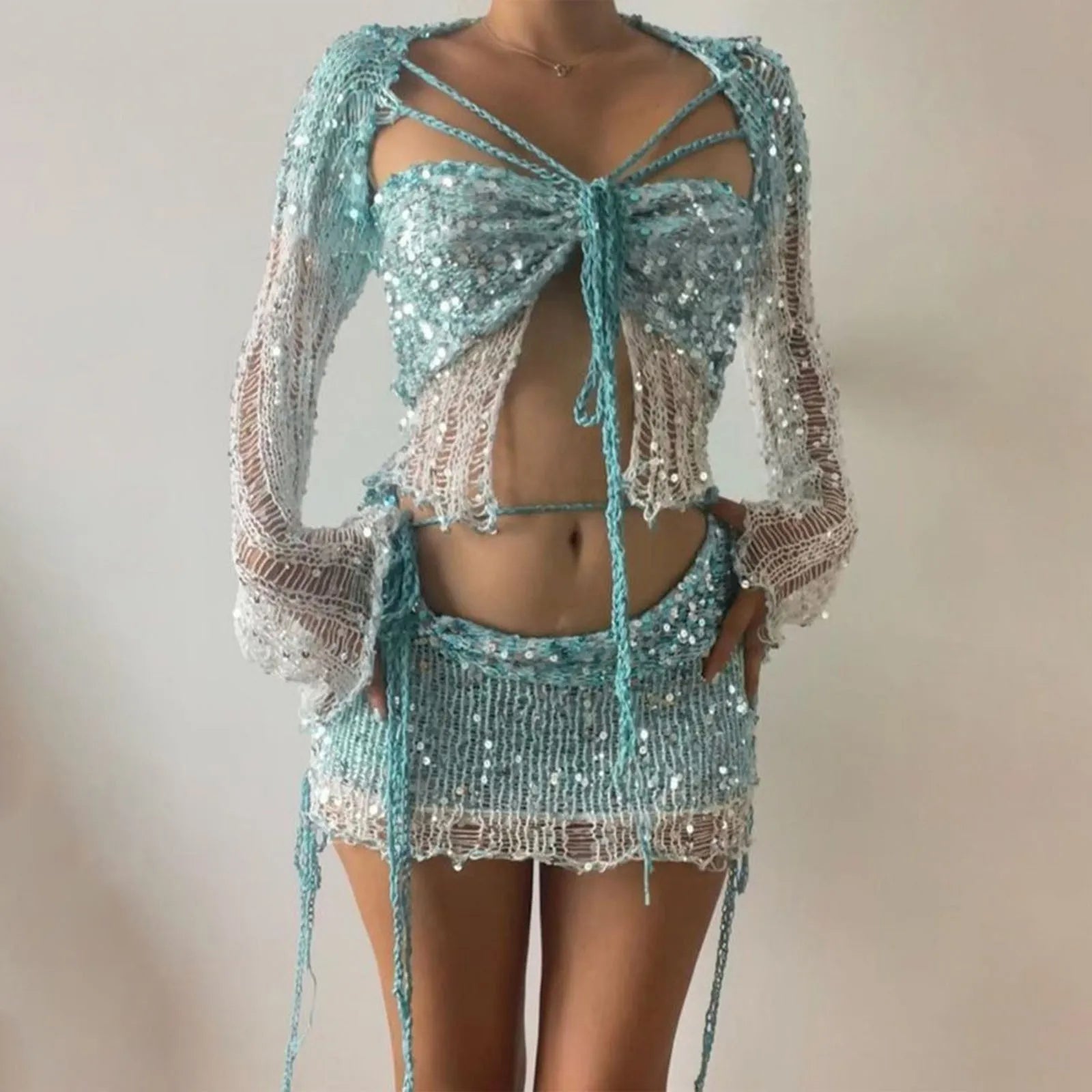 Ensemble 2 Pièces Sexy — Robe Tricotée À Paillettes Manches Évasées + Jupe Crochet Boîte de Nuit | 2025