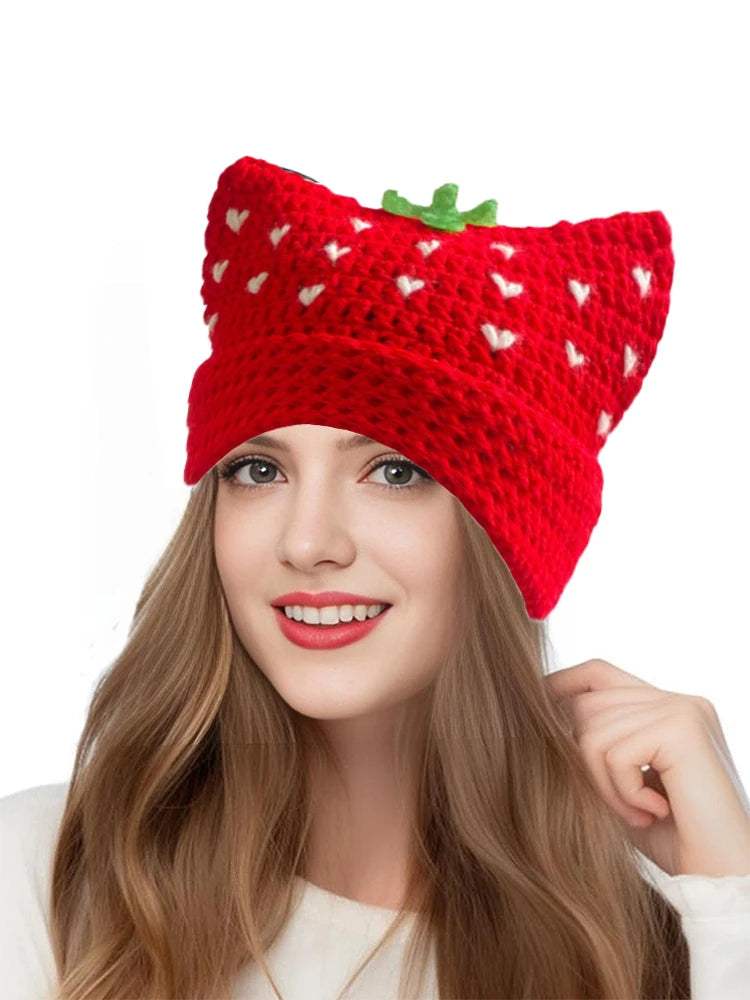 Chapeau Pêcheur Fraise Crocheté à la Main – Bob Kawaii à Volants Style Bohème | Femme