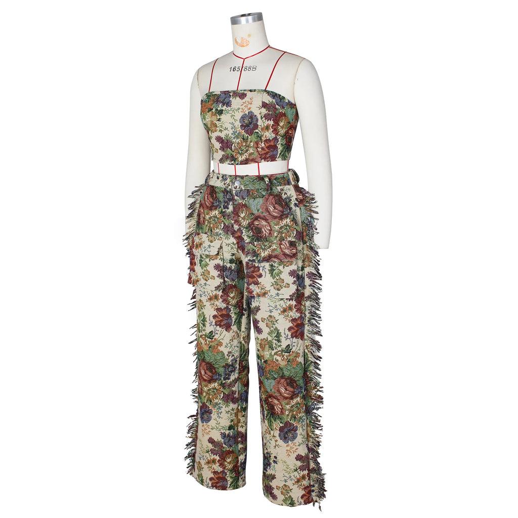 Ensemble 2 Pièces Streetwear — Haut Sexy + Pantalon Cargo Imprimé Floral Taille Élastique Soirée | Printemps 2025