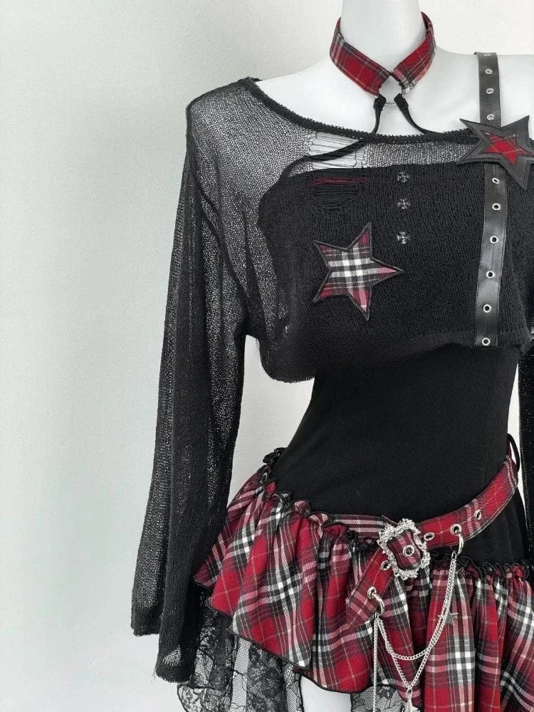 Ensemble 2 Pièces Vintage Y2K Harajuku — Haut Court Noir + Robe Irrégulière Gothique Slim | Style Coréen Rétro