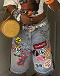 Short en Jean Rétro Y2K – Broderie Dessin Animé Baggy Hip-Hop | Harajuku Streetwear Homme