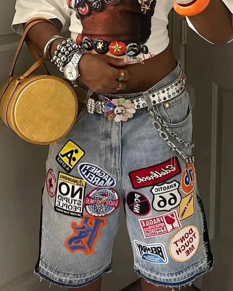 Short en Jean Rétro Y2K – Broderie Dessin Animé Baggy Hip-Hop | Harajuku Streetwear Homme