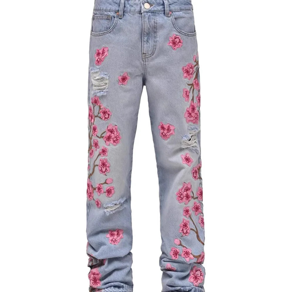 Jean Homme Imprimé Coupe Droite — Streetwear Trous Épissés Poches Bouton Taille Moyenne Printemps Été | wulend