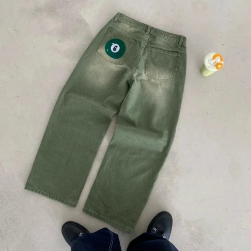 Jean Ample Y2K Matcha Billard Broderie Délavé — Streetwear London New York Unisexe BiggOrange