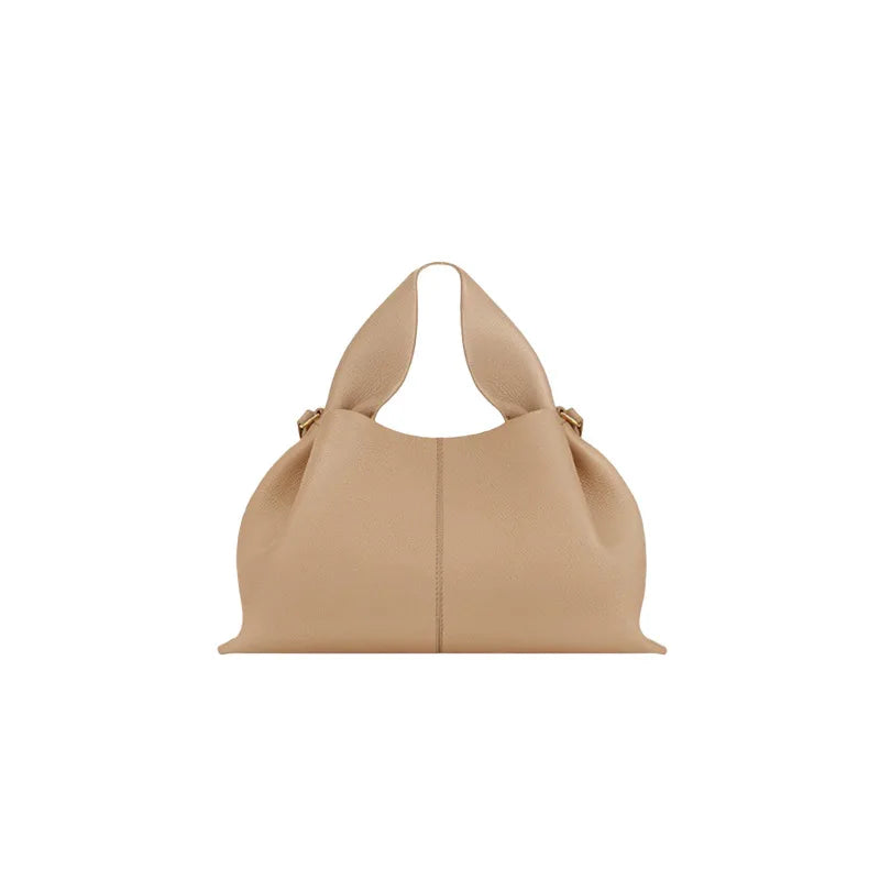 Sac Seau Plissé en Cuir Véritable — Bandoulière Luxe Couleur Unie