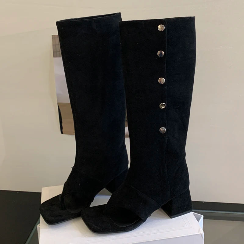 Sandales-Bottes Hautes Vintage Bout Carré — Talon Carré Sangle Boucle Eilyken
