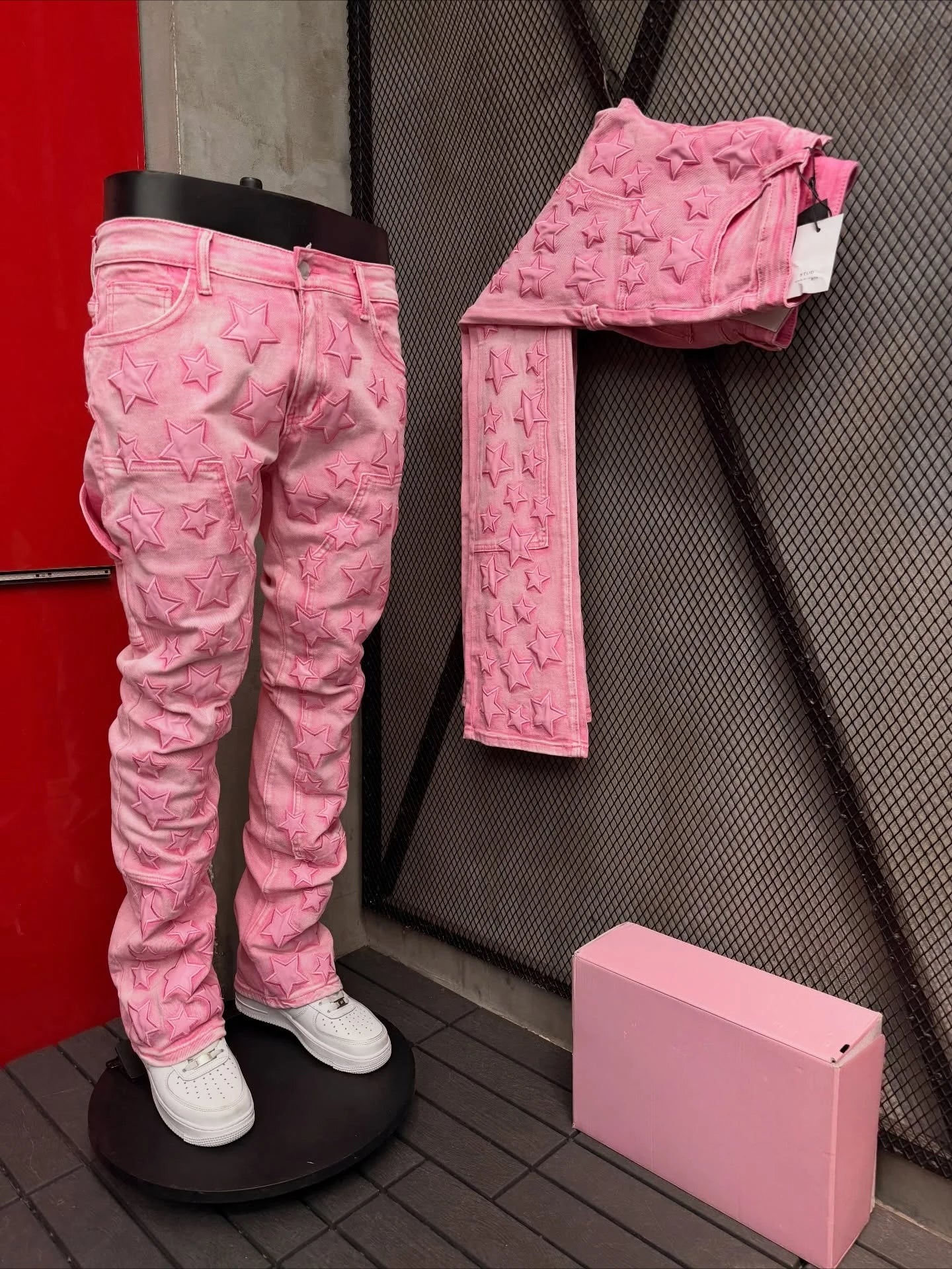 Jean Skinny Homme Y2K — Style Gothique Punk Étoile 3D Brodée Rose Harajuku Taille Basse Décontracté
