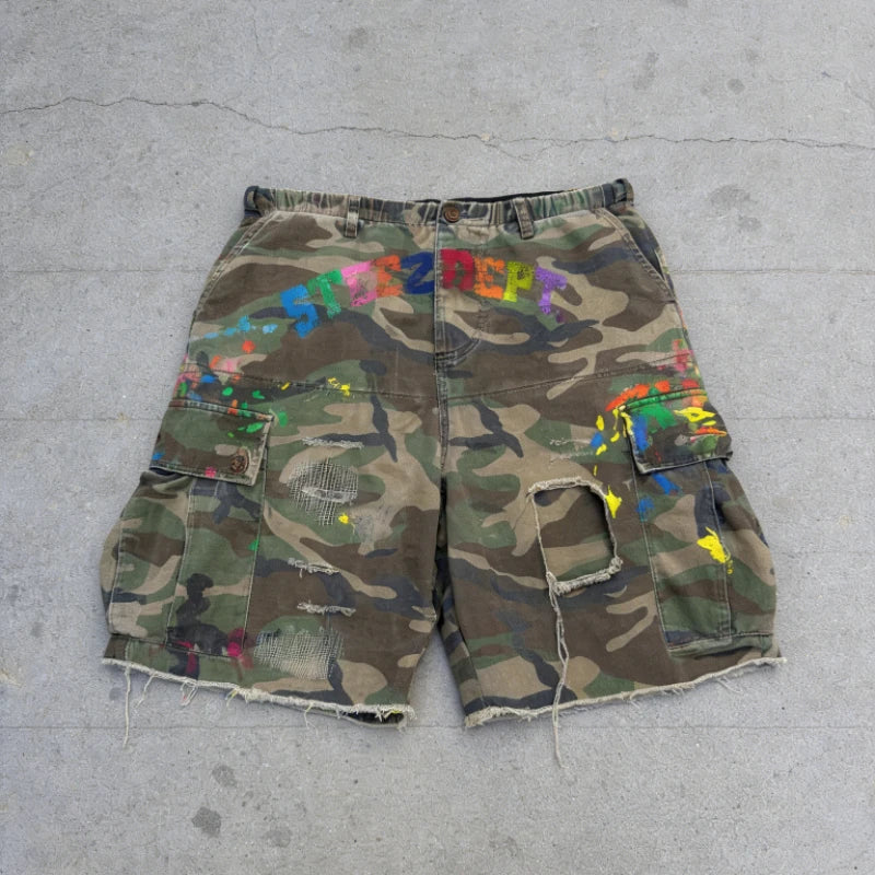 Short Cargo Y2K Camouflage — Éclaboussures de Peinture, Baggy, Hip Hop Unisexe | BiggOrange
