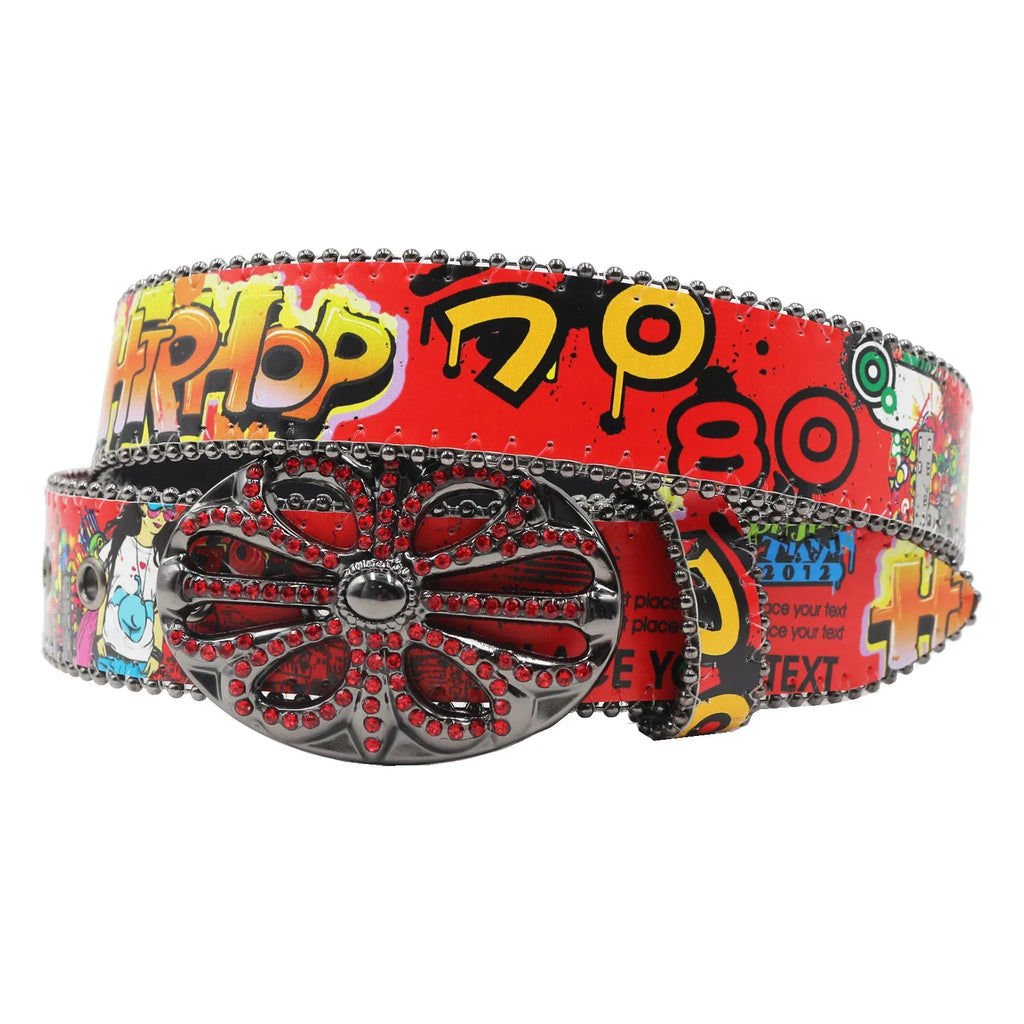Ceinture PU Unisexe — Imprimé Graffiti Punk Bohème Y2K Hip Hop Western Cowboy Cowgirl Boucle Personnalisée