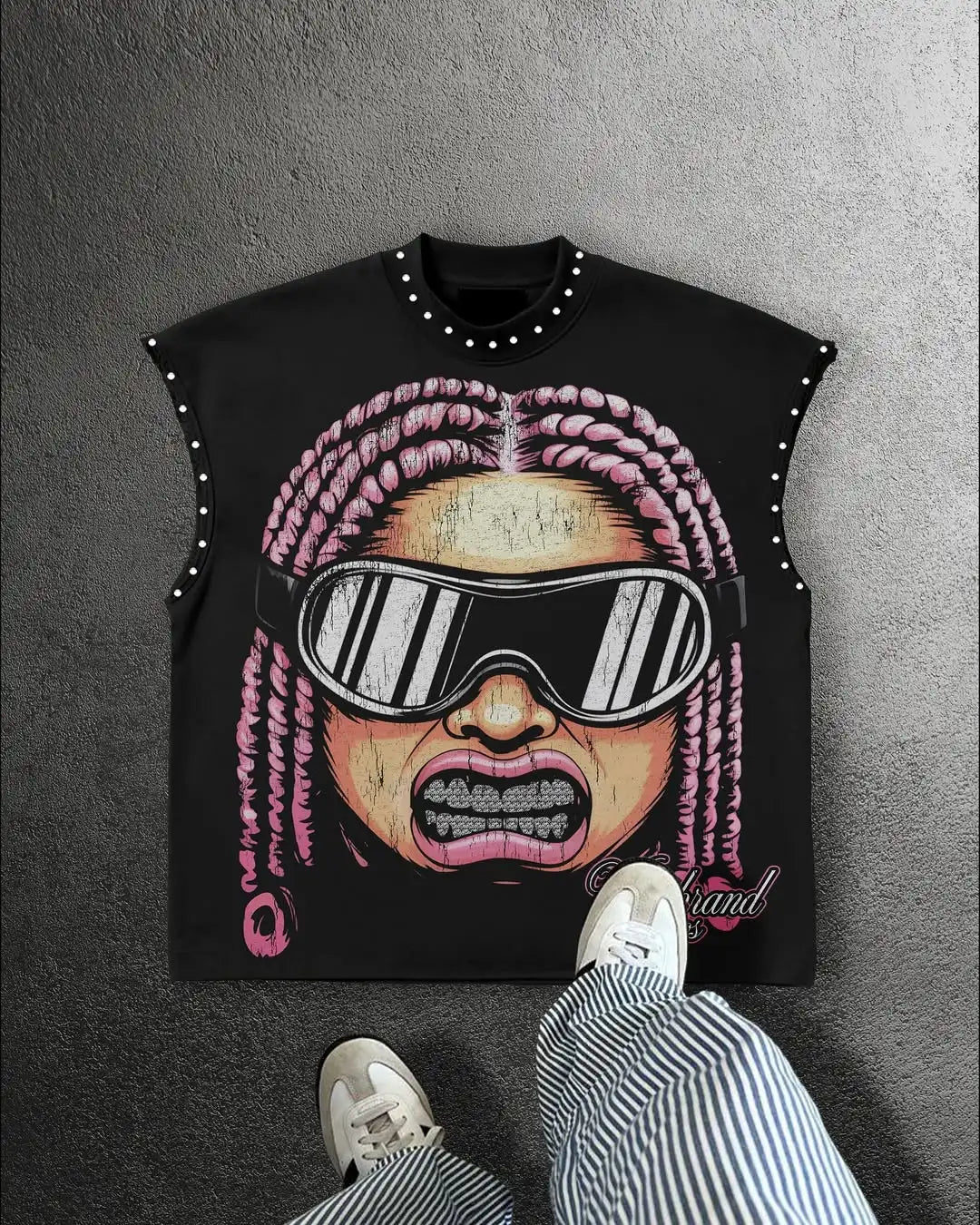 T-shirt Sans Manches Y2K Oversize – Col Rond Imprimé Rétro Punk Hip-Hop | Femme