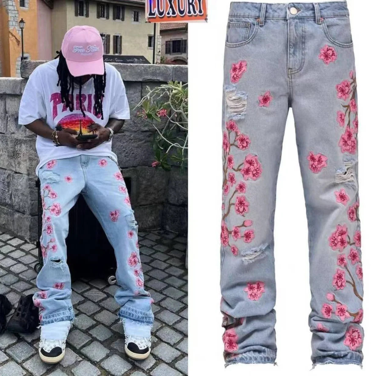 Jean Homme Imprimé Coupe Droite — Streetwear Trous Épissés Poches Bouton Taille Moyenne Printemps Été | wulend