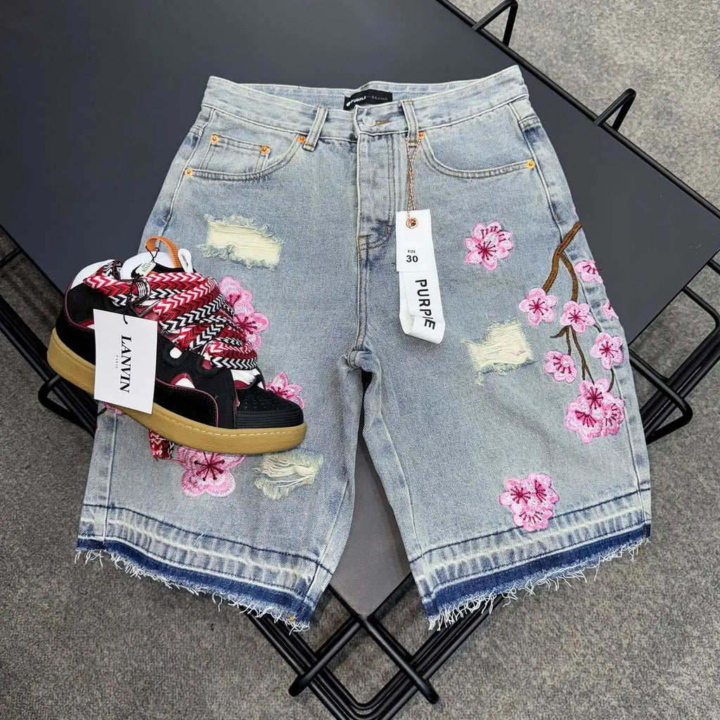 Short Denim Brodé Fleurs de Cerisier Y2K – Gothique Harajuku Punk Streetwear | Unisexe