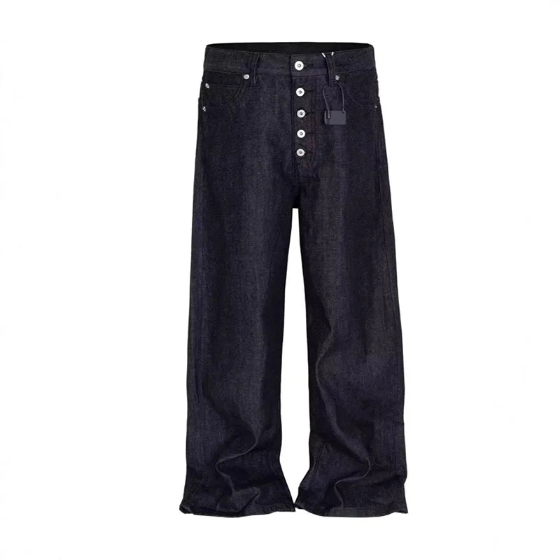 Jean Noir Ample Jambe Large Rétro Boucle — Style Urbain High Street Homme Grandes Tailles