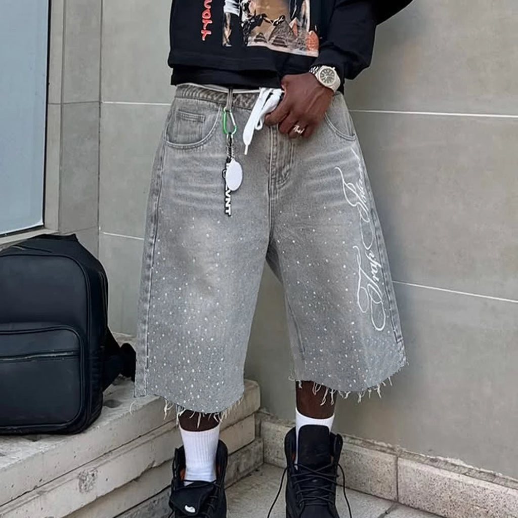 Short Jean Homme Été Décontracté — Longueur Genou Broderie Lettre Brillante Strass Avec Poches