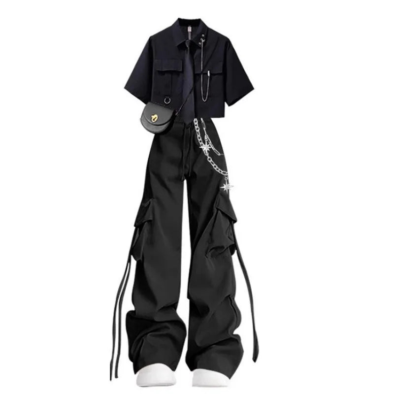 Ensemble Deux Pièces Femme — Chemise Noire Élégante & Salopette | Style Luxe Urbain