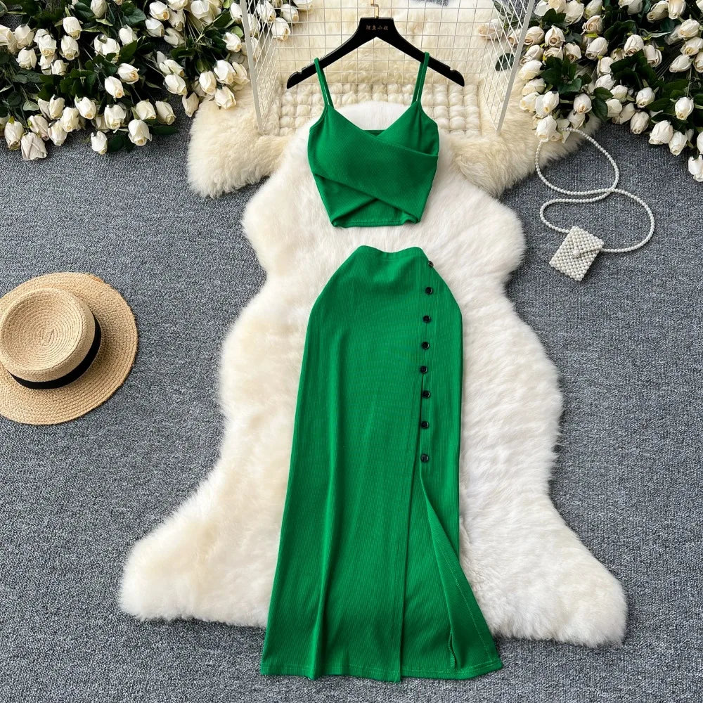 Ensemble 2 Pièces Été — Haut Court Col V + Jupe Longue Fendue Taille Haute Élastique Couleur Unie | Foamlina