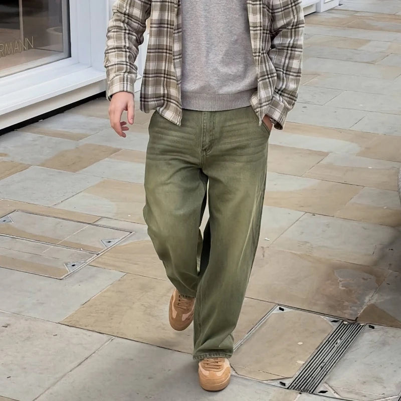 Jean Ample Y2K Matcha Billard Broderie Délavé — Streetwear London New York Unisexe BiggOrange