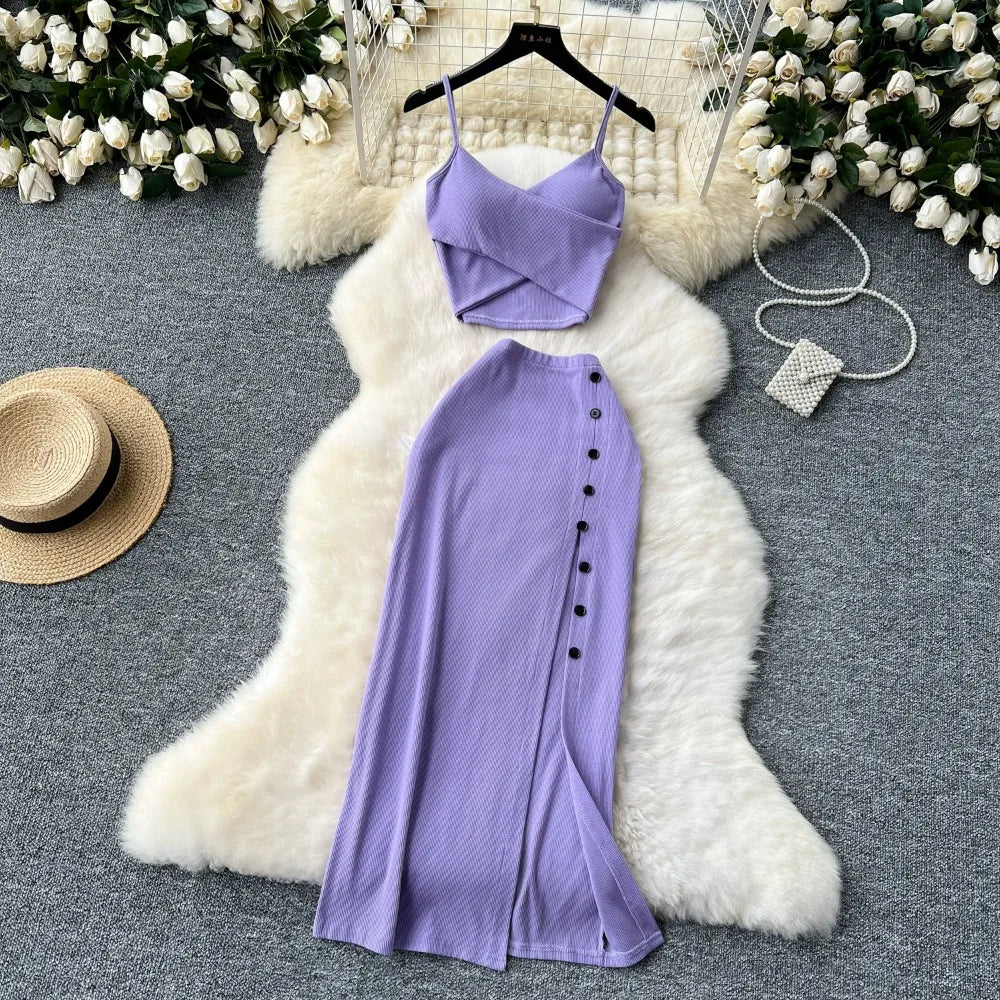 Ensemble 2 Pièces Été — Haut Court Col V + Jupe Longue Fendue Taille Haute Élastique Couleur Unie | Foamlina