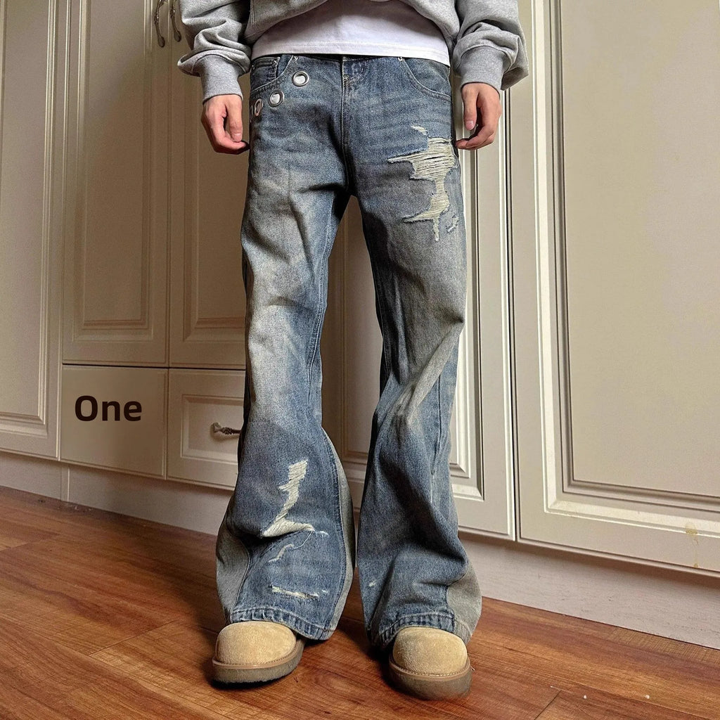 Jean Patchwork Délavé Style Rétro Américain — Coupe Droite, Denim Bleu | Homme