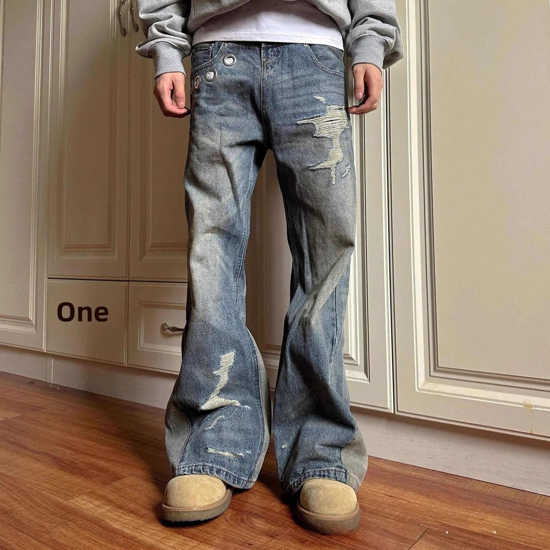 Jean Patchwork Délavé Style Rétro Américain — Coupe Droite, Denim Bleu | Homme