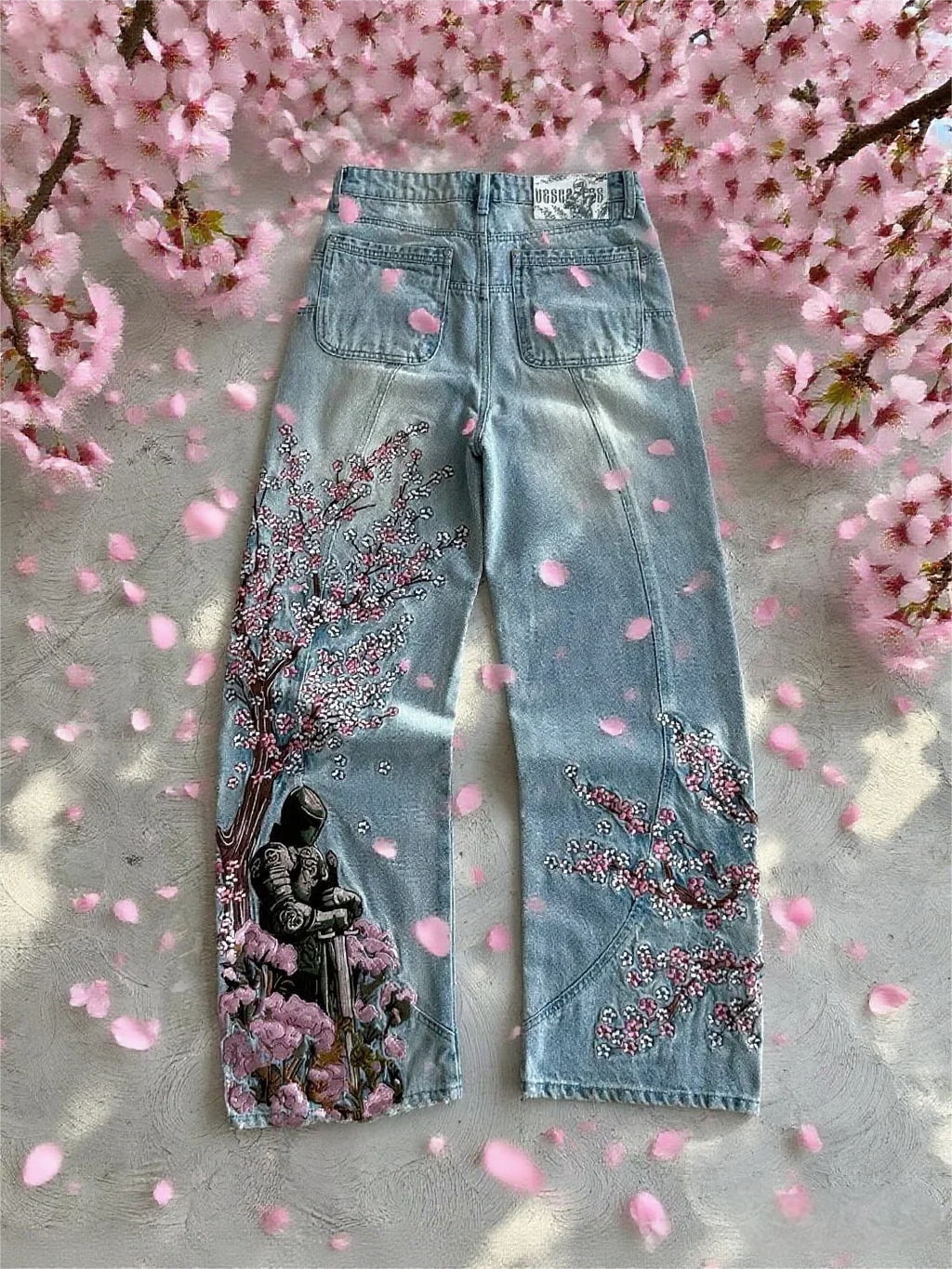 Jean Baggy Droit Y2K Broderie Fleur de Cerisier Chevalier — Denim Vintage Streetwear BiggOrange