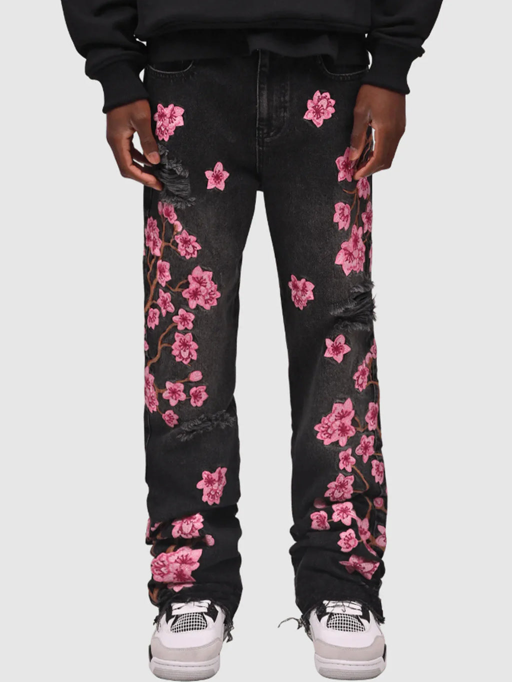 Jean Homme Imprimé Coupe Droite — Streetwear Trous Épissés Poches Bouton Taille Moyenne Printemps Été | wulend